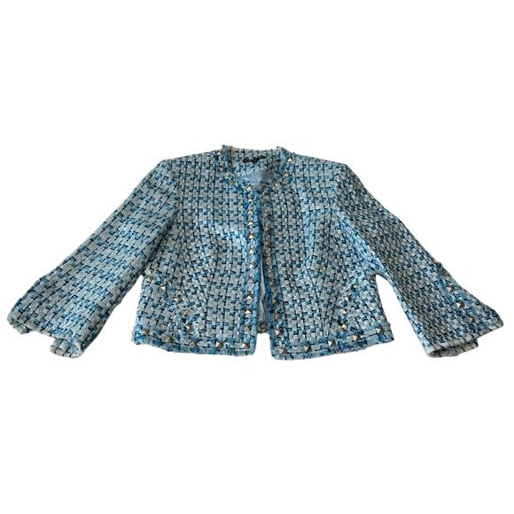 Vintage Boho Chic Blazer Women's Frayed Trim Blue Plaid Studded Short 10 Reg - Picture 1 of 10